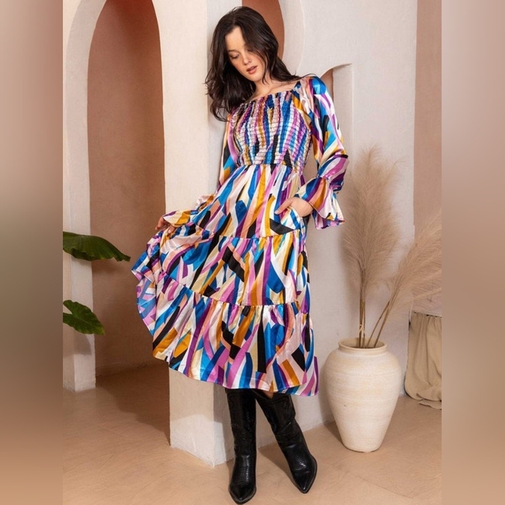 Ces Femme Off The Shoulder Silky Midi Dress Abstract Print Tiered